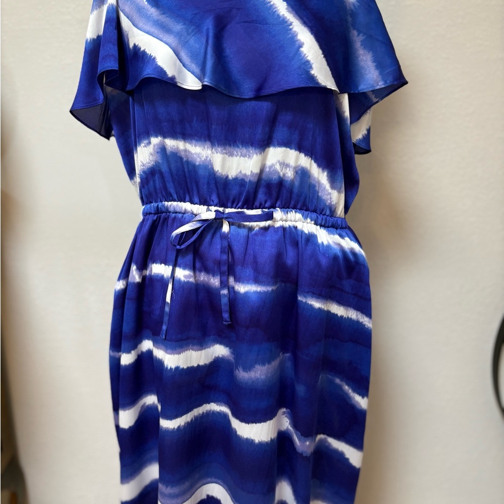 Express Blue and White Ruffled Off the Shoulder Sundress